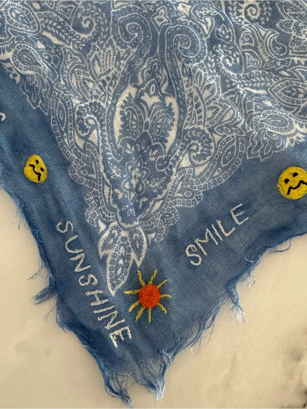 CITRUS Blue Paisley Linen Embroidered Bandana Scarf